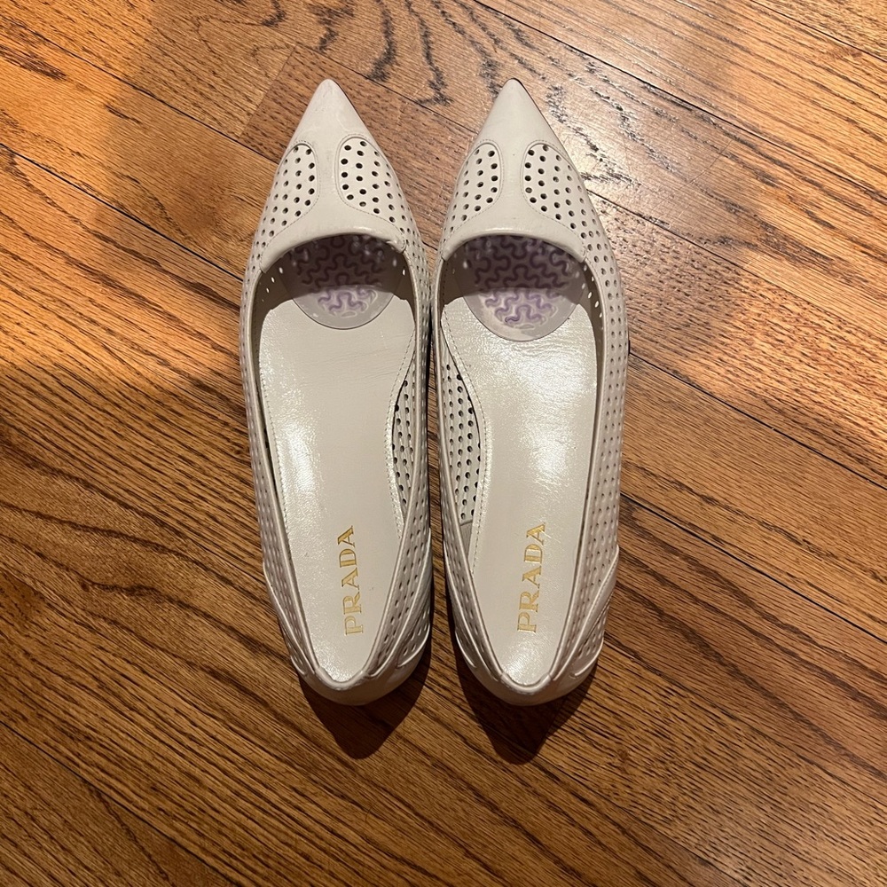 Prada leather lace trim embellishment flats